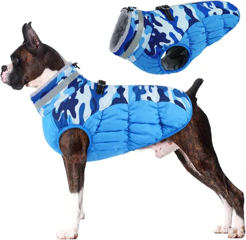 Vista 39 de Lelepet Abrigo cálido para perro, abrigo de invierno para perro, chaqueta impermeable para perros con arnés integrado reflectante de forro polar