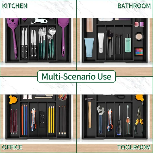 Vista 6 de Utoplike Organizador de cajones de cubiertos de bambú, organizador de cajones de utensilios de cocina expandibles, separadores de bandeja de Negro