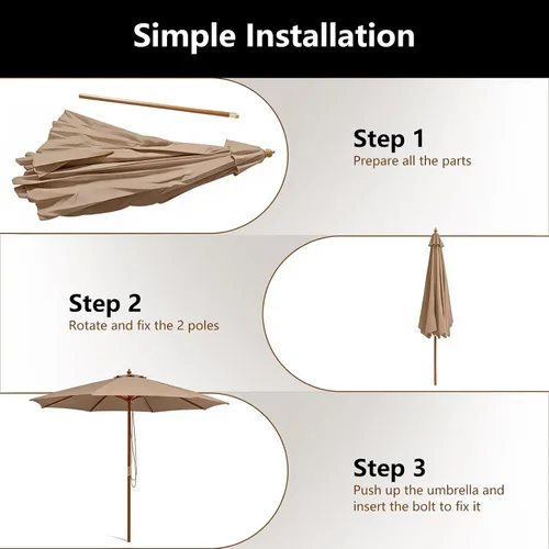 Vista 5 de HAPPYGRILL Sombrilla de madera para patio de 10 pies con polea de cuerda y Beige Bronceado