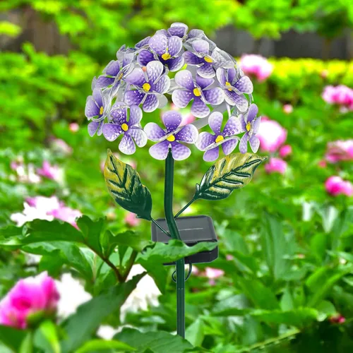 Vista 6 de Hortensia solar con 26 luces LED, estaca de metal para tierra, 3 colores, decoración de estaca de flores para exteriores (azul)