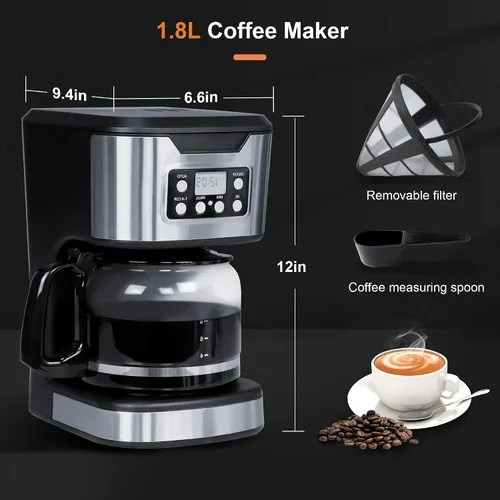 Vista 6 de Cafetera programable de 12 tazas, máquina de café de preparación y goteo, totalmente automática, ajuste de 1-4 tazas, de acero inoxidable, función