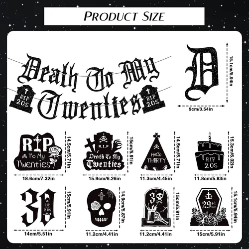 Vista 3 de Decoraciones de Death to My 20 – 14 piezas negras para decoración de fiesta de cumpleaños de 30 años, pancarta colgante de remolinos rasgados a mis