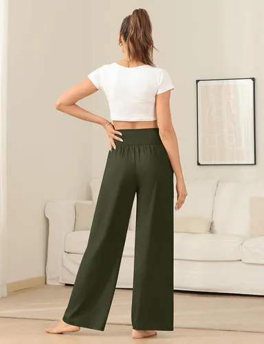 Vista 4 de UEU Pantalones de yoga para mujer, de pierna ancha, casuales, holgados, acogedores, de cintura alta, cómodos, holgados, con bolsillos