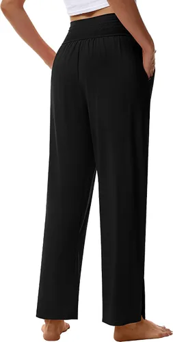 Vista 3 de 3 piezas de pantalones de yoga de pierna ancha para mujer, pantalones de descanso de cintura alta con bolsillos, pantalones deportivos de yoga