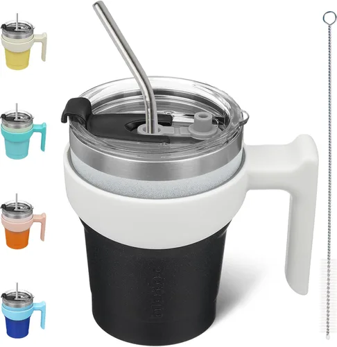 Vista 30 de BJPKPK Mini vaso de 10 onzas con tapa, popote y asa, taza de acero aislada