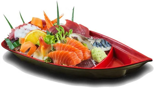 Vista 5 de Happy Sales HSSB-10BB - Plato con forma de barco de sushi para sushi sashimi, bandeja de plástico de melamina de 10 x 4.5 pulgadas (bambú)