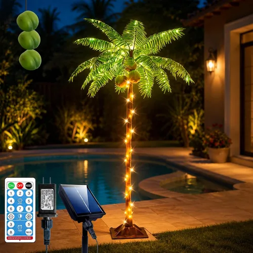 Vista 12 de Ledido - Palmera artificial iluminada de 5 pies, colorida con 3 cocos, 144 luces LED, para exteriores, con control remoto, impermeable, regulable
