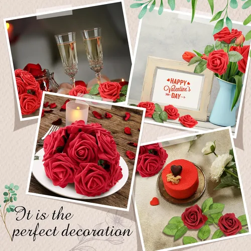 Vista 4 de Sherr 250 rosas artificiales a granel, rosas falsas con tallo, centro de mesa de flores sintéticas para boda, decoración del día de la madre, Borgoña