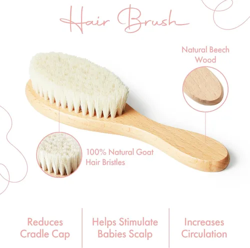 Vista 6 de AYNEFY Cepillo de pelo de bebé, mango de madera, pelo de cabra suave, peine de masaje para recién nacidos, cepillo de madera para la salud del cuero