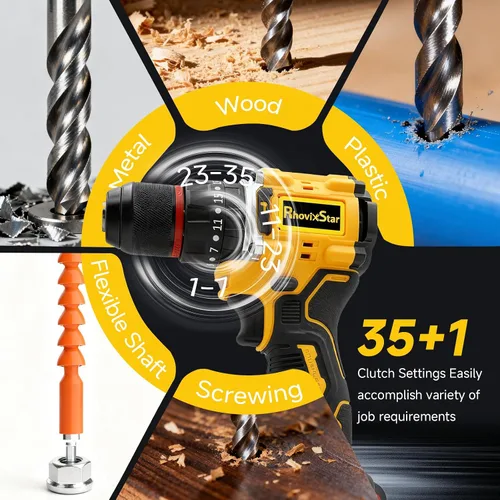 Vista 2 de Rhovixster - Taladro eléctrico inalámbrico de 20 V, 2 velocidades con par máximo de 30 NM, portabrocas sin llave de 3/8 pulgadas, kit