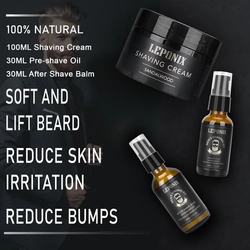 Vista 2 de Kit de afeitado para hombres, el kit esencial incluye crema de afeitar de sándalo, loción para después del afeitado para hombres y aceite para antes