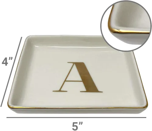 Vista 5 de Bandeja de joyería con anillo con inicial de regalo, plato de joyería personalizado y plato de baratija con iniciales de oro titular de cerámica