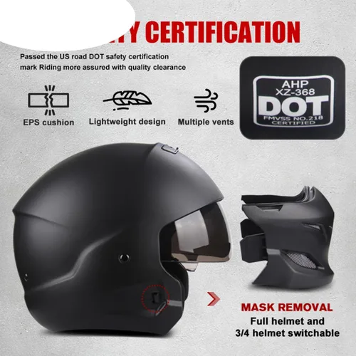 Vista 2 de Casco de motocicleta de cara completa para hombres y momentos, aprobado por el DOT, casco abierto 3/4 con protector de barbilla desmontable