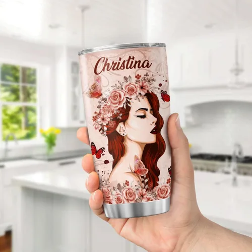 Vista 5 de Vaso de café personalizado, taza de viaje floral de cabeza roja con tapa, nombre personalizado, regalos de cumpleaños para mujeres, amigos, mamá