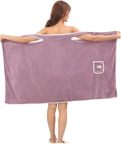 Vista 5 de Toalla de baño grande para mujer, toalla de terciopelo coral (bolsillo azul)