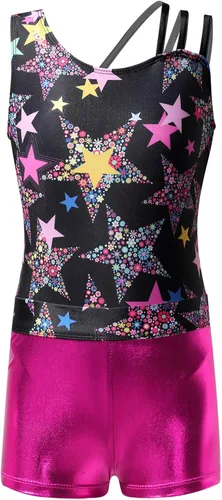 Vista 3 de Gymnastics Leotards for Girls Shiny Dancewear with Matching Shorts Two-Piece Set Activewear