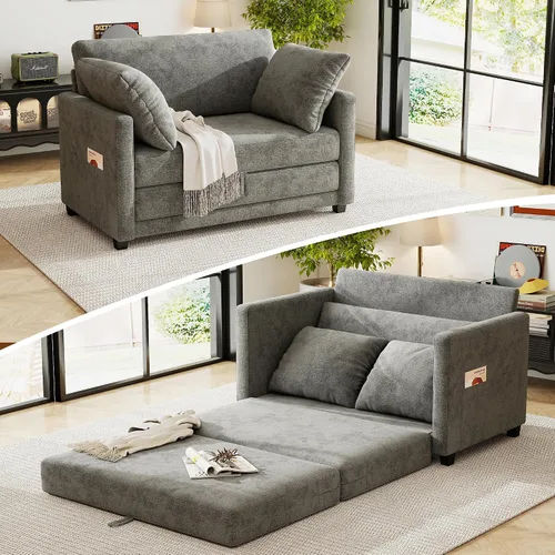 Vista 14 de Sofá cama loveseat de 51 pulgadas, sofá cama convertible de chenilla para espacios pequeños, sofá cama plegable con asiento profundo, 2 almohadas