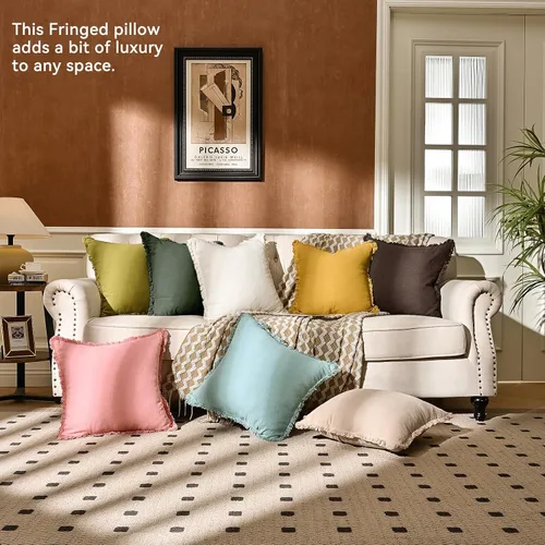 Vista 5 de Paquete de 2 fundas de almohada de lino con borlas con flecos decorativas rústicas naturales para cojín de sofá, sofá, dormitorio 16 x 16 pulgadas
