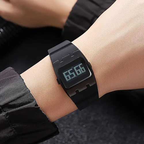 Vista 6 de Reloj digital cuadrado multifunción para hombres, reloj de pulsera único con retroiluminación EL con banda de silicona, cronómetro impermeable