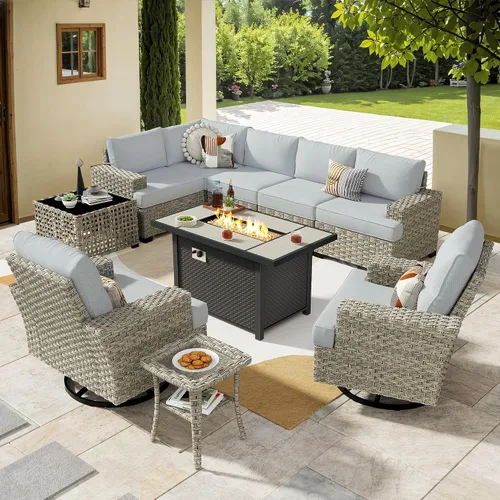 Vista 46 de HOOOWOOO Juego de Muebles Seccionales para Patio al Aire Libre, 6 Piezas Juegos de Conversación de Mimbre Sofá en Forma de L, Sofá Extra Profundo