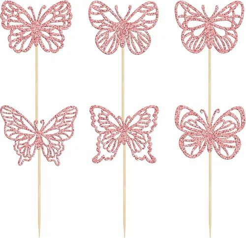 Vista 3 de Gyufise 36 adornos de mariposa de oro rosa con purpurina para cupcakes, arte hueco en 3D, decoración para cupcakes temáticos de mariposa, baby