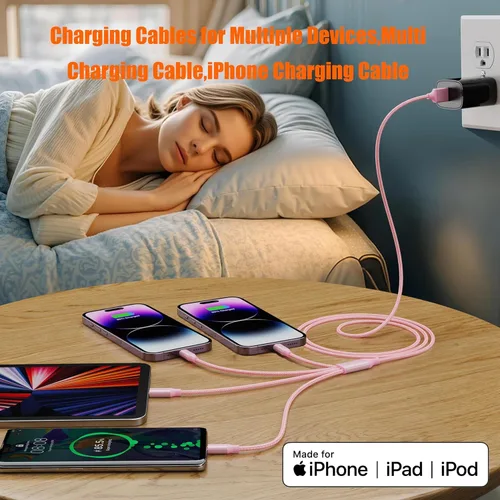 Vista 9 de Doub Tyep-C - Cable de carga múltiple 4 en 1 de 4 pies, cable de carga de nailon trenzado Lightning para iPhone, cable de carga universal con tipo