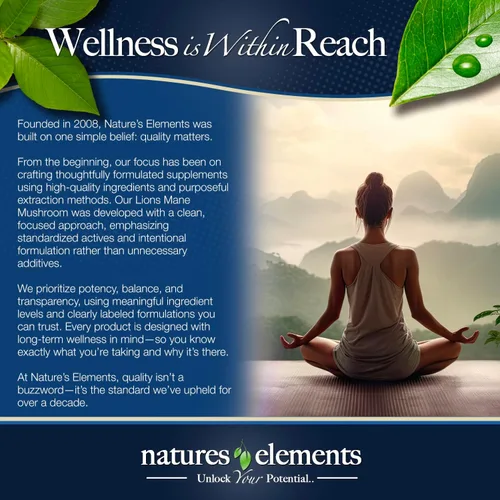 Vista 8 de Natures Elements Hongo melena de león con BioPerine – Extracto 10:1 – 1000 mg melena de león + 10 mg de bioperina – 30% polisacáridos – 60 cápsulas