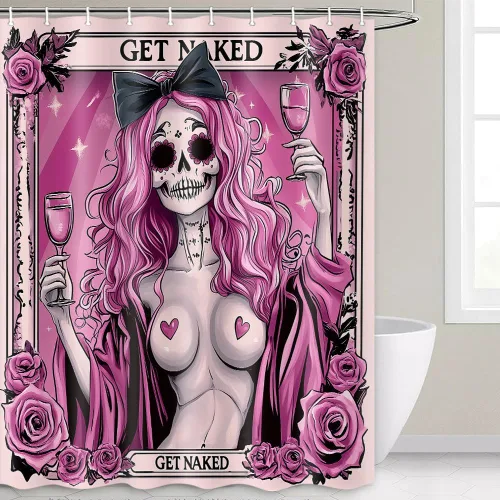 Vista 10 de Divertida cortina de ducha de esqueleto de calavera rosa, para Halloween, gótica, rosa, rojo, rosa, floral, vino tinto, terror, terror, cortina