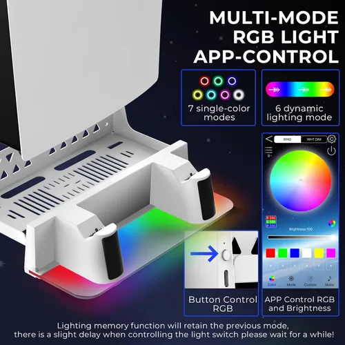 Vista 4 de Kit de montaje en pared para PS5 con estación de carga, soporte de pared delgado para PS5 - Base de cargadores rápidos de doble controlador con luz