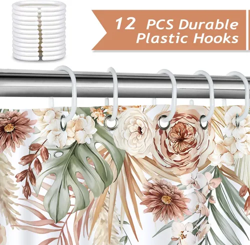 Vista 3 de Bonhause Cortina de ducha de hojas florales tostadas, cortina de baño bohemia con hojas de palmera tropicales, cortina de baño de 72 x 72 pulgadas