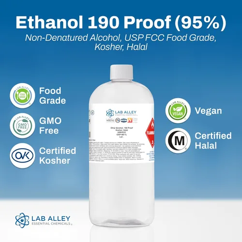 Vista 3 de Etanol 190 Proof (95%) USP/FCC Alcohol de grado alimenticio, Kosher - 1 litro