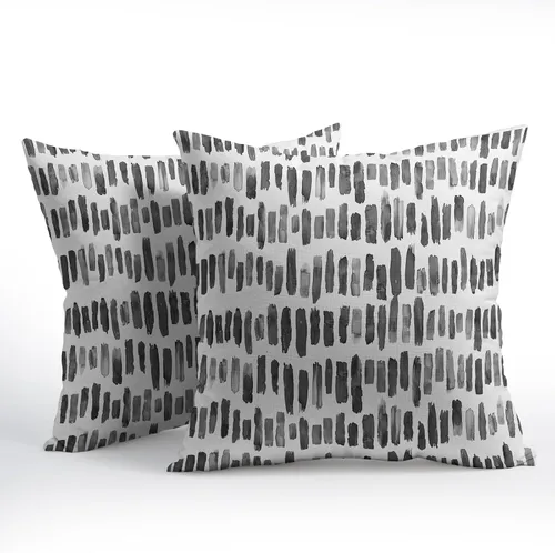 Vista 2 de Juego de 2 fundas de almohada de rayas negras para exteriores, 16 x 16 pulgadas, diseño geométrico de rayas abstractas, algodón y lino, cuadradas