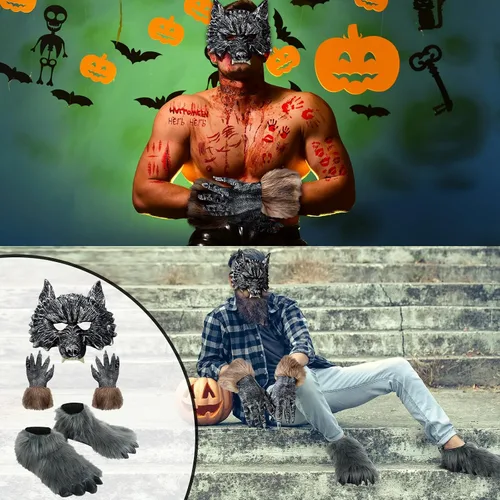Vista 5 de Ramede Disfraz de hombre lobo de Halloween, incluye máscara de hombre lobo, guantes de garra, pies de hombre lobo, cubiertas de zapatos, patas
