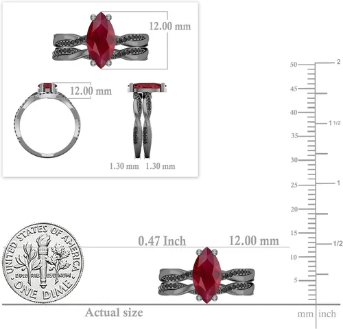 Vista 5 de Dazzlingrock Collection Juego de anillos nupciales de diamantes negros redondos y piedras preciosas marquesas creadas en laboratorio de 0.472 x
