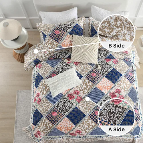 Vista 8 de DDUOXIN Colcha floral tamaño King de 120 x 120 pulgadas, 100% algodón, reversible, de gran tamaño, con 2 fundas de almohada, colchas de granja