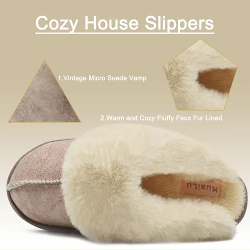Vista 4 de KuaiLu Pantuflas mullidas de espuma viscoelástica doble para mujer, acogedoras con soporte de arco cálido, pantuflas de meter cómodas