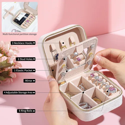 Vista 3 de Parima Joyero de viaje personalizado de terciopelo de felpa para mujeres, pequeños joyeros, organizador de joyas, esencial de viaje blanco