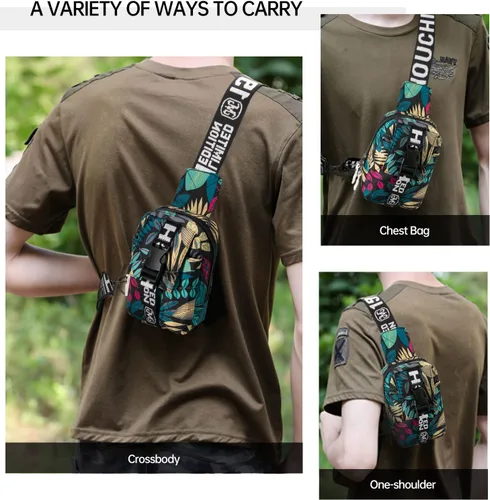 Vista 3 de Long Keeper Bolso bandolera pequeño para hombre, mochila ligera para el pecho, bolsas de hombro para senderismo, ciclismo, viajes, correr, Hoja Azul