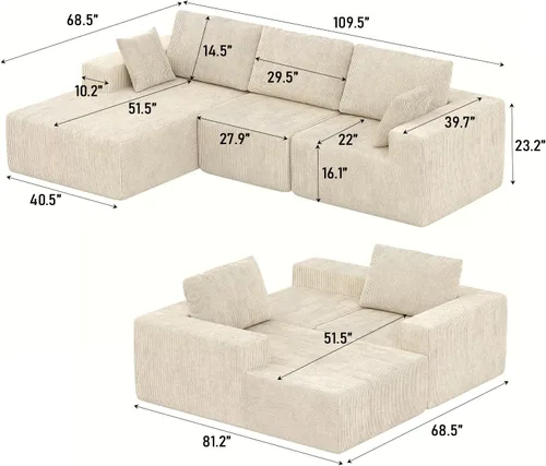 Vista 3 de Yanosaku Sofá modular en forma de L de 107 pulgadas, sofá modular Cloud con diván, tapizado, sin montaje, asiento profundo, cojines suaves