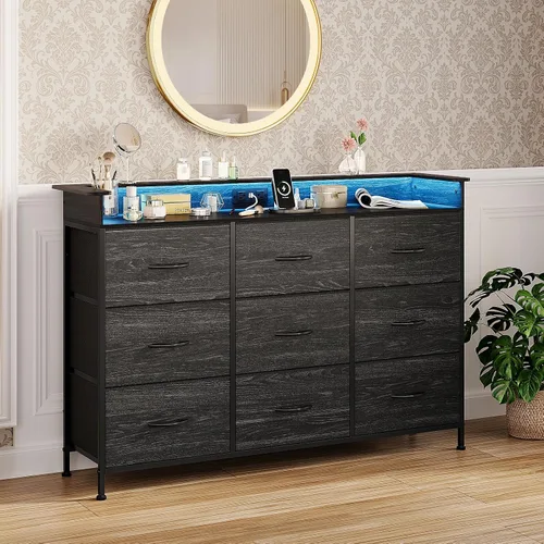 Vista 12 de EXOTICA Cómoda blanca con luz LED para dormitorio, 9 cajones con estación de carga, cómoda para entrada, armario, sala de estar, pasillo, marco