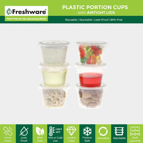 Vista 2 de Freshware Vasos de Plástico para Porciones con Tapas [1 Onza, 100 Juegos] Vasos de Plástico Desechables para Preparación de Comidas, Aderezo