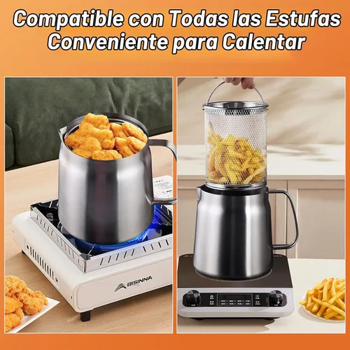 Vista 5 de Freidora de acero inoxidable 304 de 68 onzas con cesta y colador de aceite