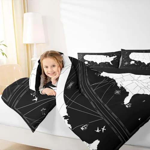 Vista 6 de Juego de edredón con diseño de mapa del mundo, juego de edredón y juegos de cama con temática náutica, color blanco y negro, edredón de velero