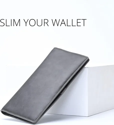 Vista 2 de Alldaily Billetera de cuero ultrafina para mujer con bloqueo RFID tarjetero de crédito plegable larga gris