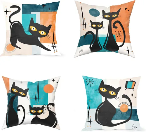 Vista 15 de Juego de 4 fundas de almohada abstractas de color negro y beige de 16 x 16 pulgadas, modernas fundas de cojín a rayas para sala de estar, sofá