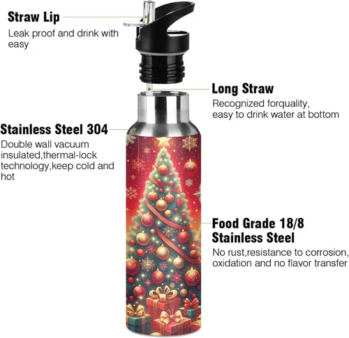 Vista 3 de Christmas Trees Insulated Stainless Steel Water Bottle with Straw 32 Oz Leakproof Water Bottles, BPA-Free Sport Water Bottle