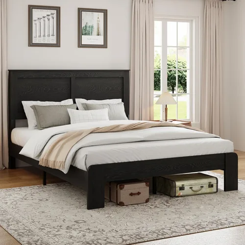 Vista 3 de Base de cama completa de madera con cabecera, base de cama de plataforma rústica de granja con soporte de 12 listones de madera, no necesita somier