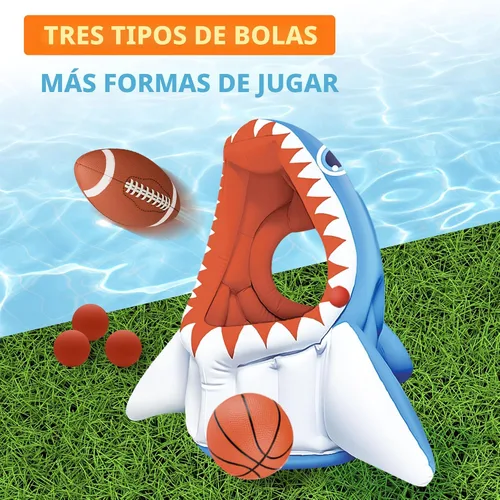 Vista 5 de iPlay, iLearn Juguete inflable 3 en 1 de piscina de tiburón para niños, juego de piscina inflable de baloncesto y fútbol, juego de lanzamiento