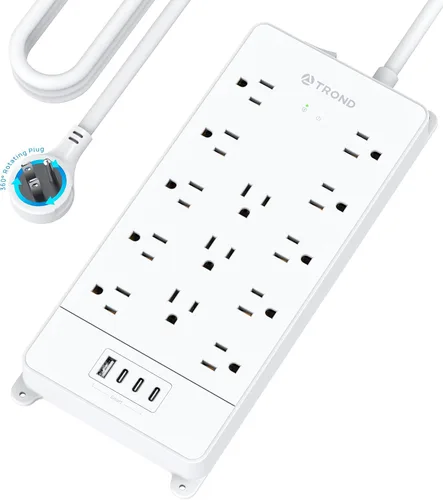 Vista 17 de TROND - Alargador de corriente con enchufe plano giratorio 360°, protector contra sobretensiones, 13 tomas amplias con 3 puertos USB C, 4000 J
