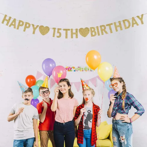 Vista 2 de Cartel dorado de feliz cumpleaños número 15, decoración de fiesta de niño o niña de 15 años, suministros